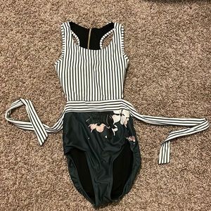 Albion Striped Black and White One-Piece Swimsuit with Floral Detail